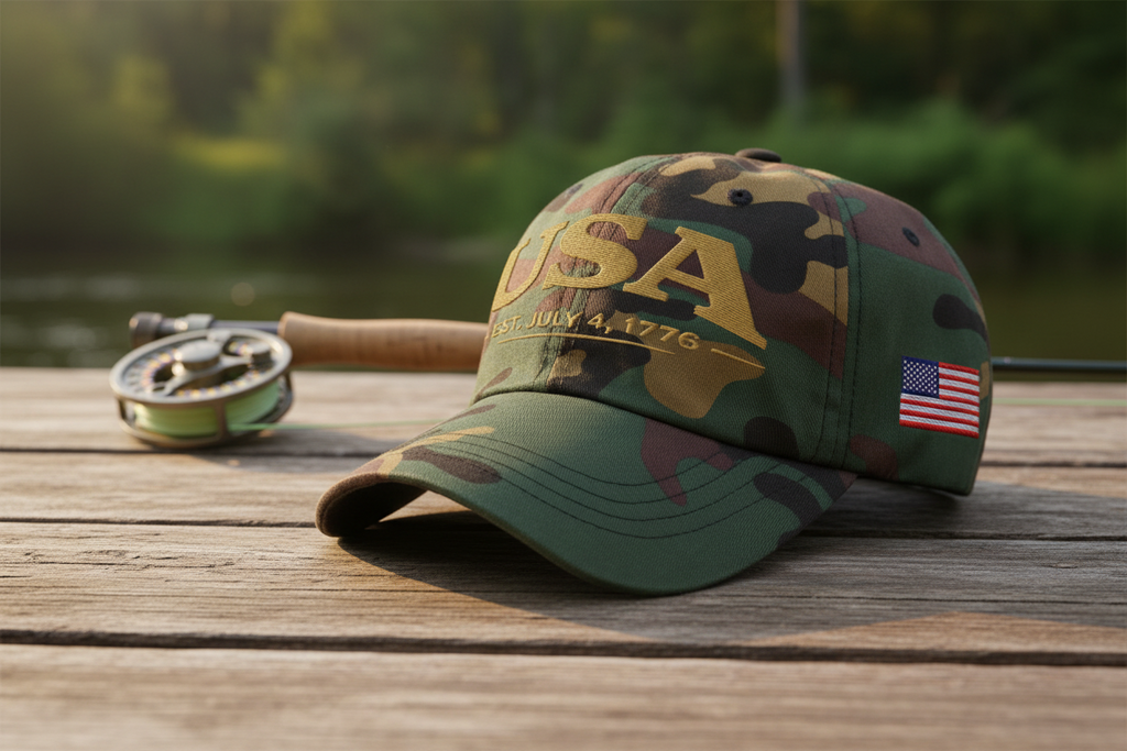 Camouflage cap with 'USA' text and American flag  outdoors fishing.