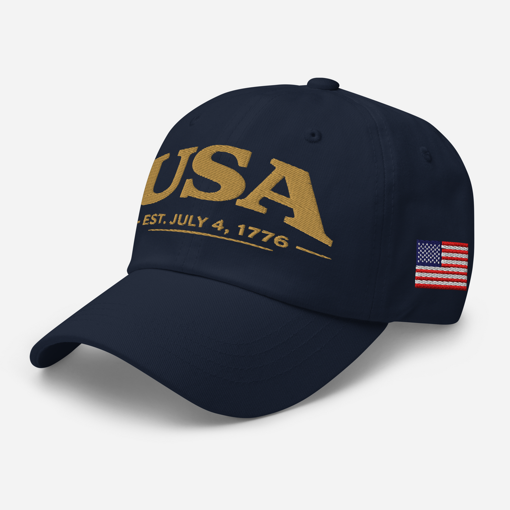 Navy blue cap with 'USA' and flag on a light gray background