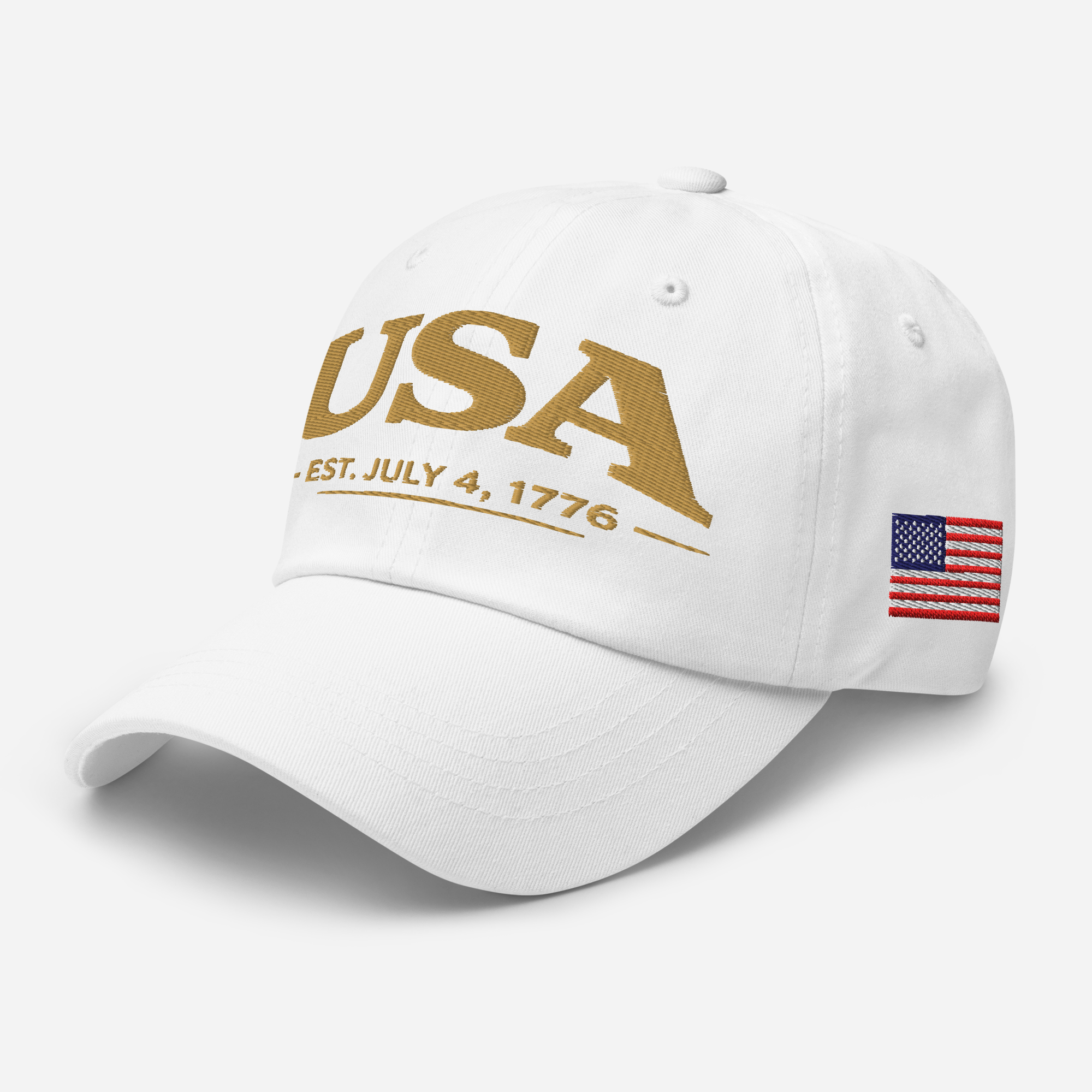 White cap with 'USA' and American flag on a white background
